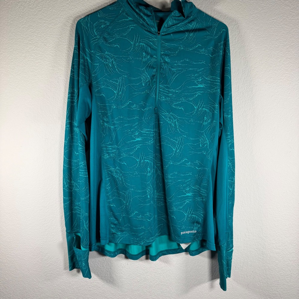 Patagonia Capilene Midweight Zip-Neck Teal Blue Wave Print Top STY24208 Large